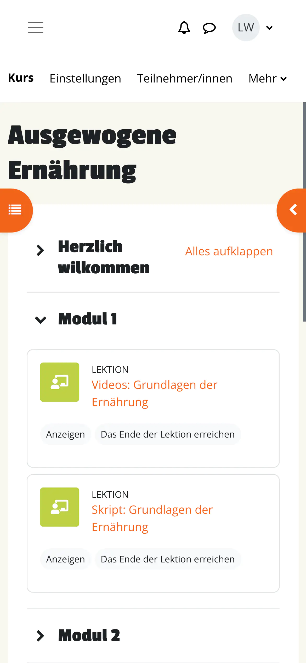 OEA Campus-App Kursübersicht Ausgewogene Ernährung